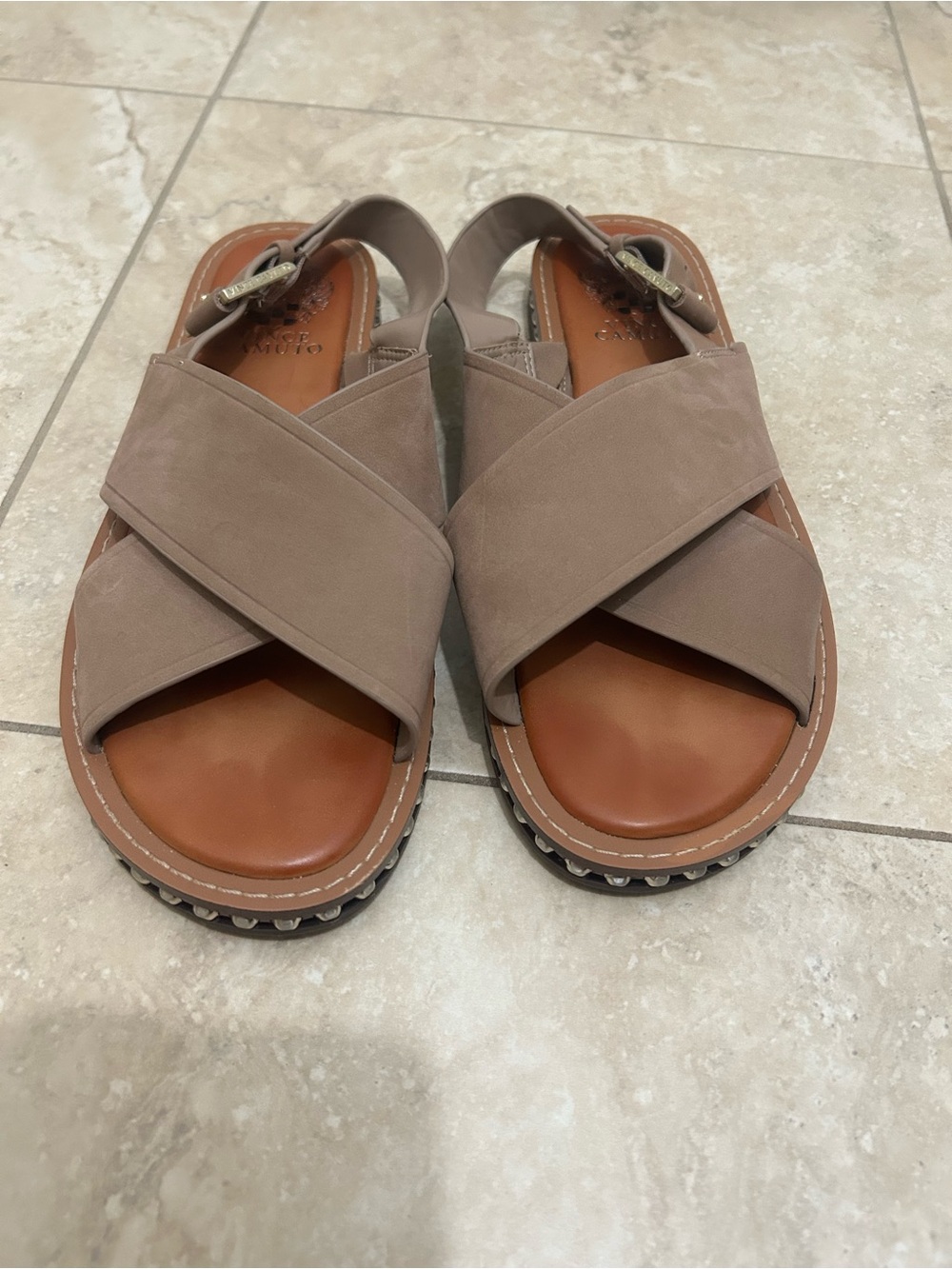 Vince Camuto Taupe Crisscross Slingback Sandals